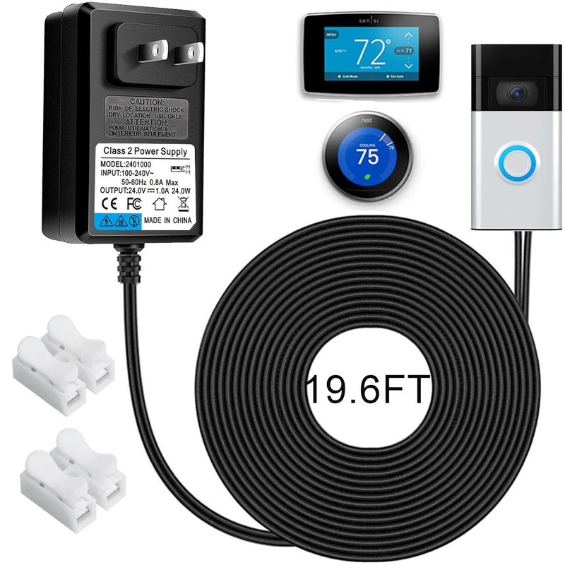 Ousaly 24V Doorbell Transformer - 110V/120V AC to DC 24V Adapter - Compatible with Ring Doorbell, Thermostat, LED Strip Light - 19.6FT Black Cord - Image 1